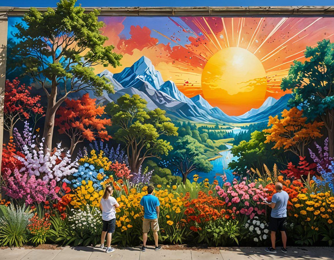 A colorful landscape depicting diverse artists collaborating on a massive mural, showcasing various art styles blending together, surrounded by vibrant flowers and trees. The scene captures the energy of creativity with paint splatters and brushes scattered around. A bright sun casts warm light on the scene, symbolizing inspiration. super-realistic. vibrant colors. dynamic composition.
