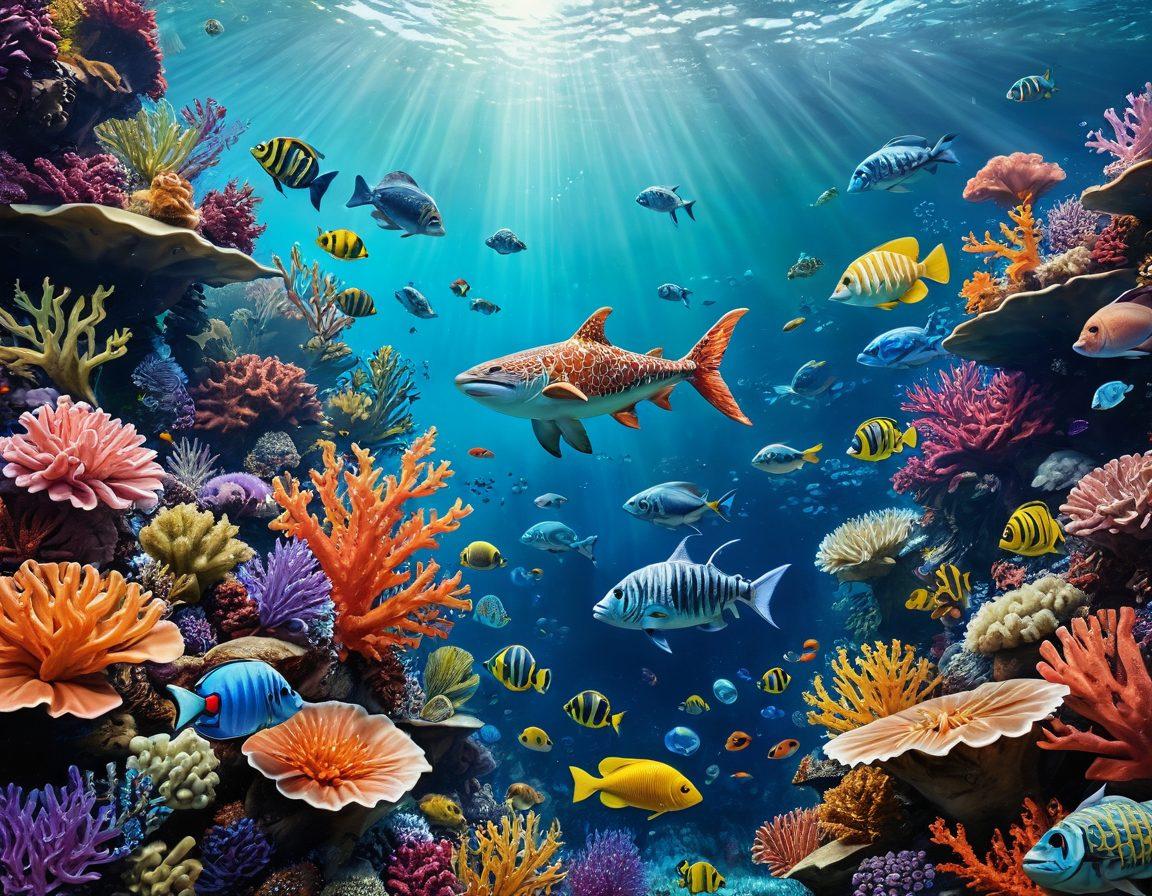 A vibrant underwater scene illustrating diverse art communities, featuring colorful coral reefs adorned with various artistic expressions like mosaic designs, sculptures of marine life, and graffiti on submerged surfaces. Inhabitants like artists passionately creating amid schools of fish, while bubbles rise to the surface, symbolizing exploration and expression. Bright, engaging colors enhance the imaginative underwater world. super-realistic. vibrant colors. 3D.