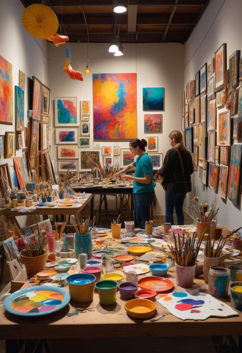 A colorful collage depicting various art forms such as painting, sculpture, and digital art, with an artist setting up an exhibition in the foreground. Include diverse artists engaged in creating artwork, vibrant colors splashing throughout, and art tools scattered around. Show a lively crowd admiring the exhibits in the background. artistic style. vibrant colors. super-realistic.